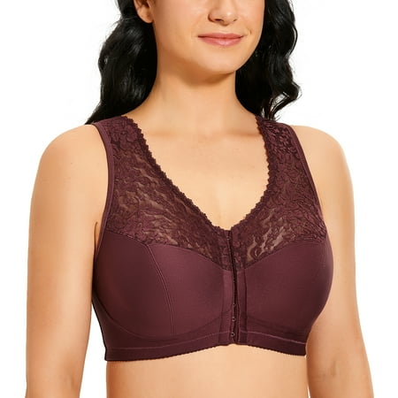 

DELIMIRA Women s Full Coverage Wirefree Lace Plus Size Front Closure Bra Racerback