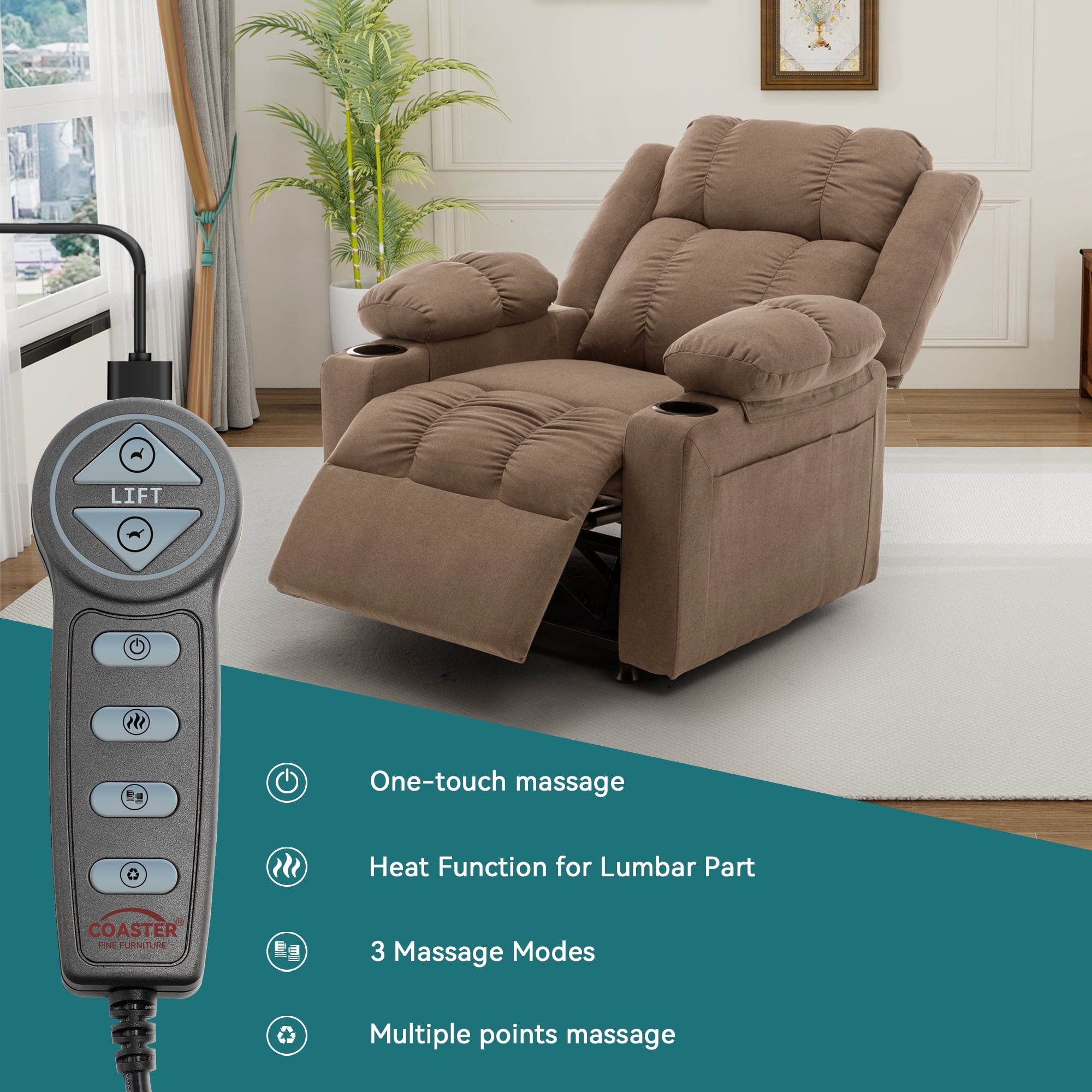 Andeworld 22" Recliner Chairs with Heat and Massage,Oversized Recliner Sofa chairs with Cup Holder, Side Pocket and Tray Taable for Living Rooms, Bedrooms, and Nurseries(Coffee)