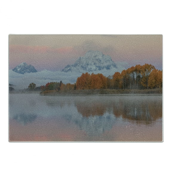 Landscape Cutting Board, Mountains Scenery Misty Nature View Forest Lake Reflection Pink Sky Photography, Decorative Tempered Glass Cutting and Serving Board, in 3 Sizes, by Ambesonne