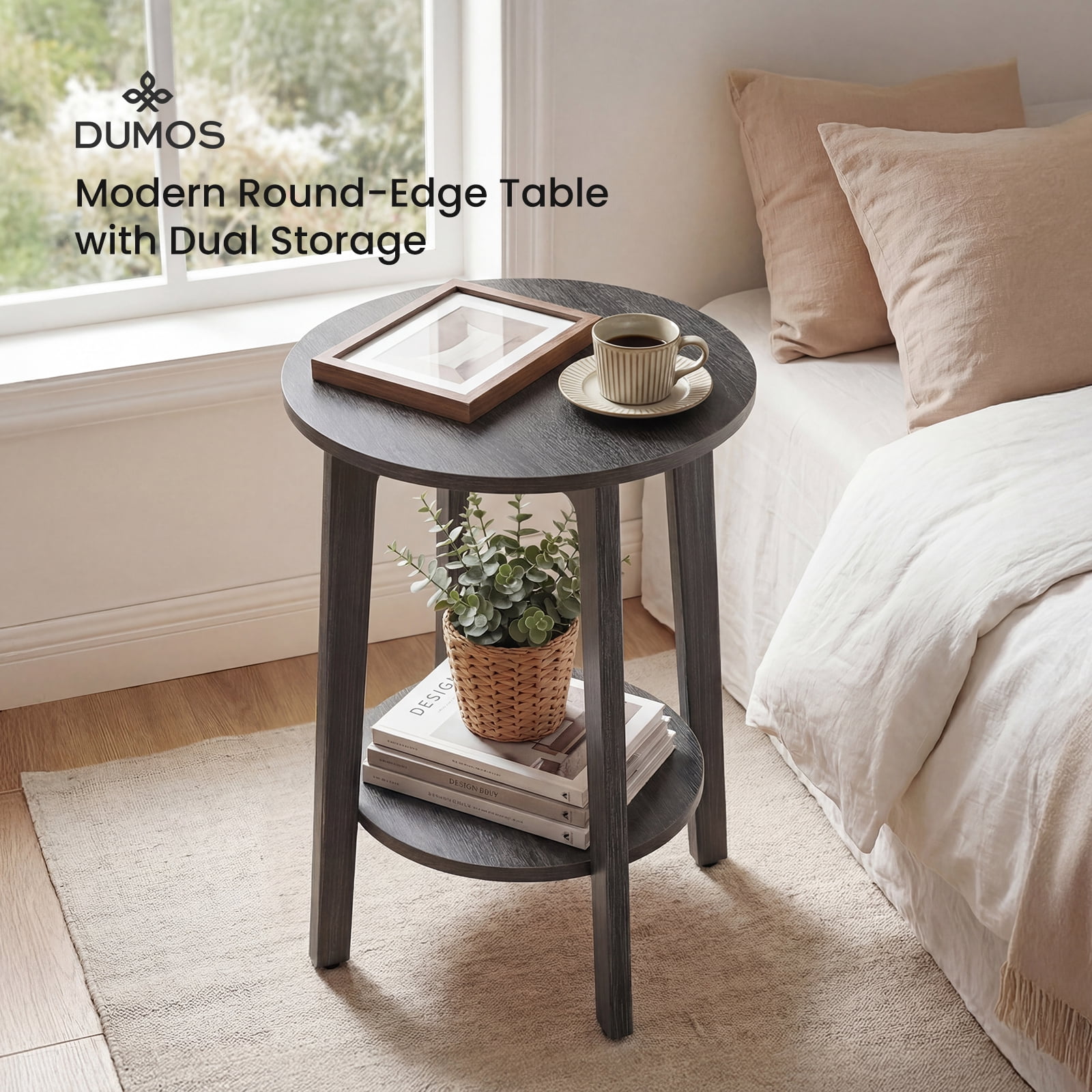 CONCETTA Set of 2 Round 2-Tier Bedside Nightstand, Side End Tables with Tapered Legs, Gray