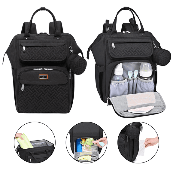BabbleRoo Widetop Waterproof Diaper Backpack with Insulated Bottle Pockets, Polyester- Black