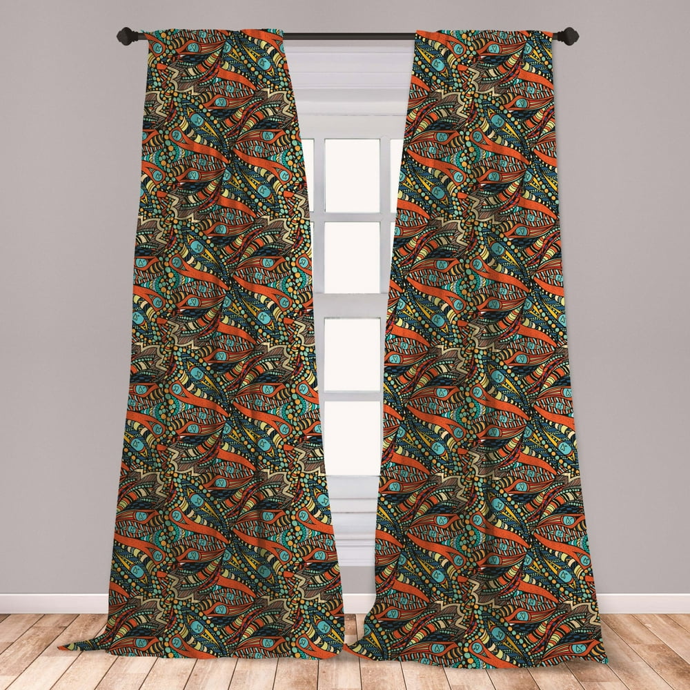 Funky Curtains 2 Panels Set, Abstract Hand Drawn Style Waves Pattern