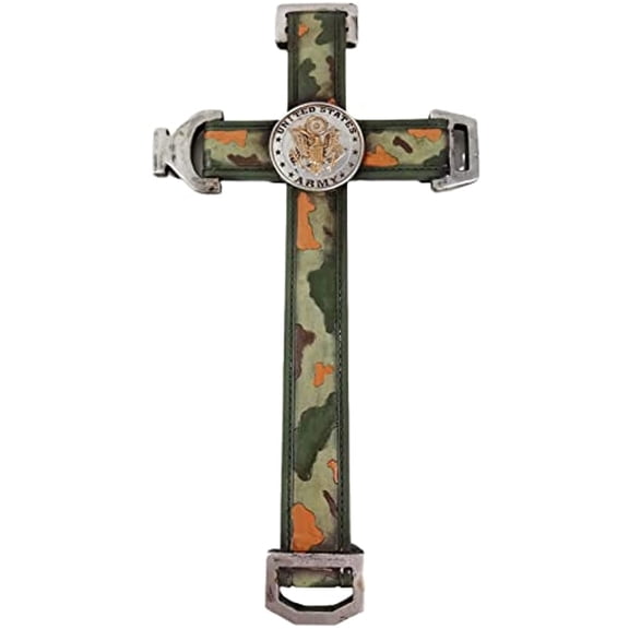 Urbalabs Western 18 Inch Wall Cross Army Camo Belt With Buckles Cross Distressed Wall Hanging Cross Country Wall Decor Room Decoration Office Church Home (Army belt)