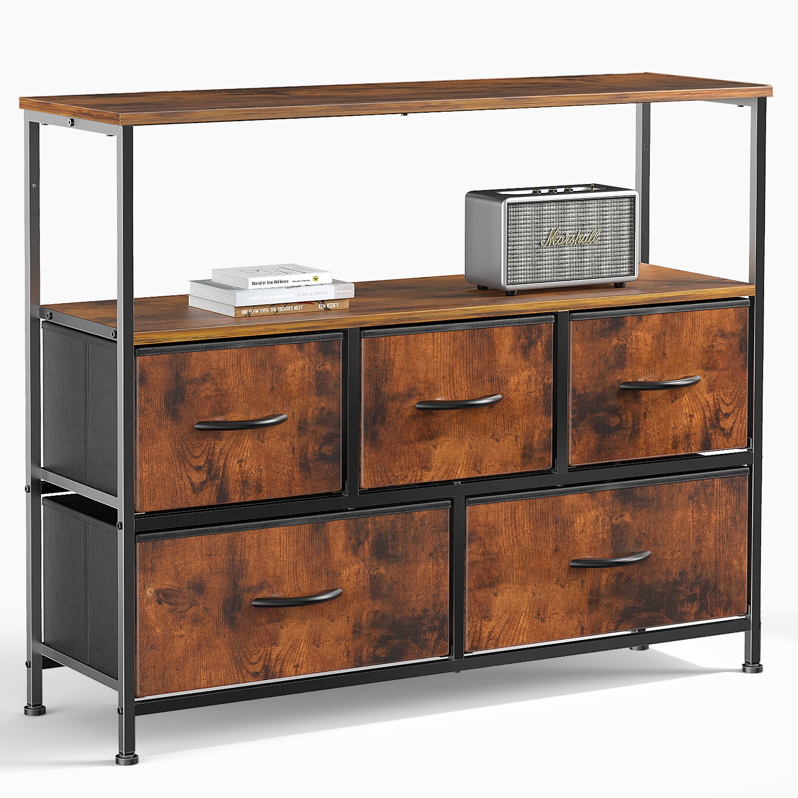 Aukfa 5 Drawer Dresser,Wide Chest of Drawers for Bedroom with Metal Frame for TV,Brown