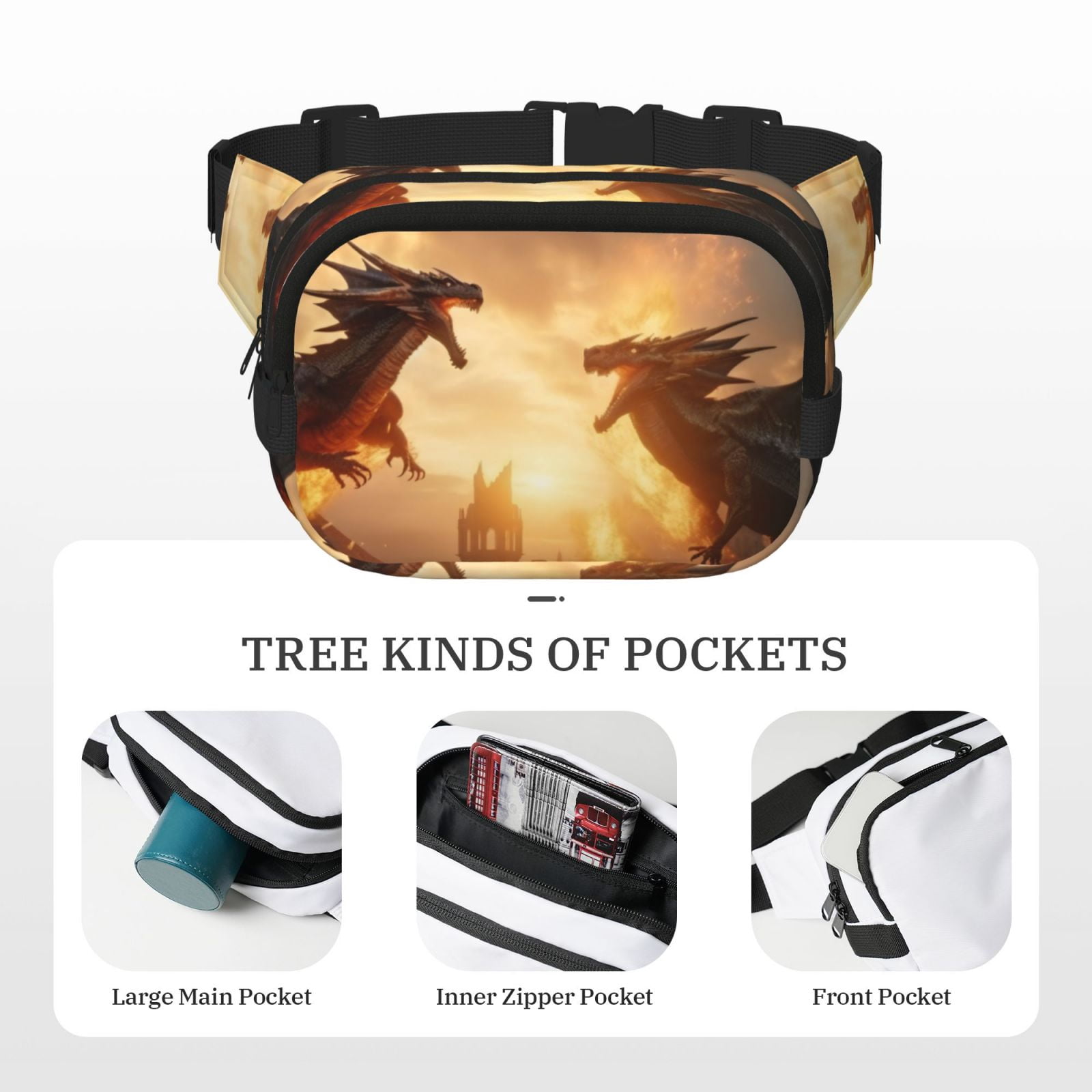 Picia Castle Cool Fire Dragon Print Square Double-Layer Waist Bag Mini Adjustable Waist Belt Bag Exercise Running Travel Hiking