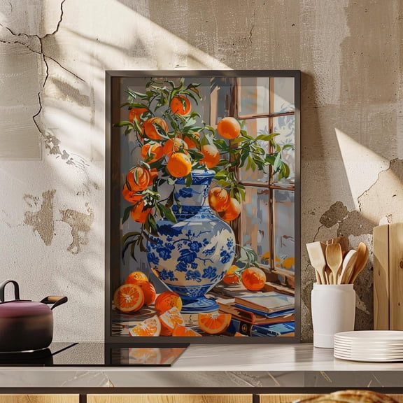 Orange Tree Porcelain Wall Art, Mediterranean Still Life Decor, Unframed Paper Print Size 8x12