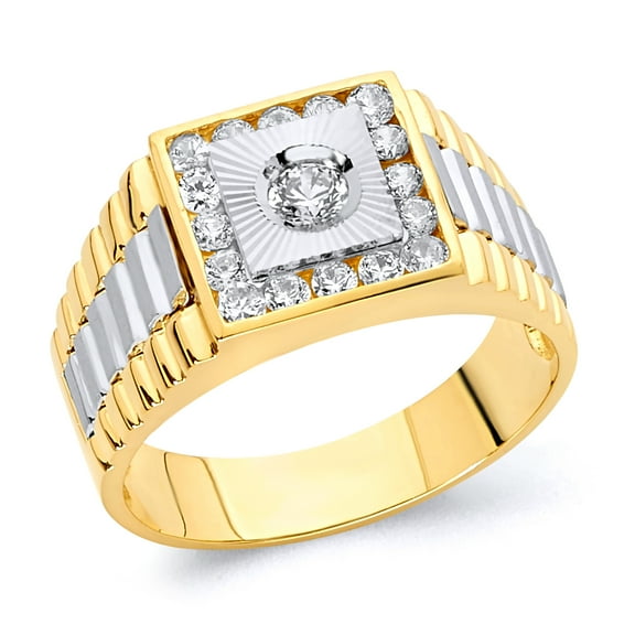 Wellingsale Mens Solid 14k Two 2 Tone White and Yellow Gold Polished CZ Cubic Zirconia Right Hand Ring Band - Size 8
