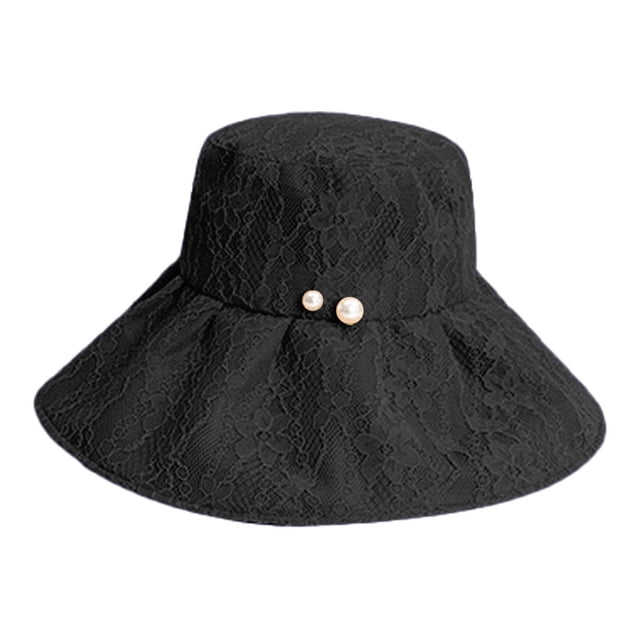 Sombrero de pescador ajustable con circunferencia de 55-58 cm, sombrero de ala grande para mujer, protector solar, sombrero plegable con encaje de perlas