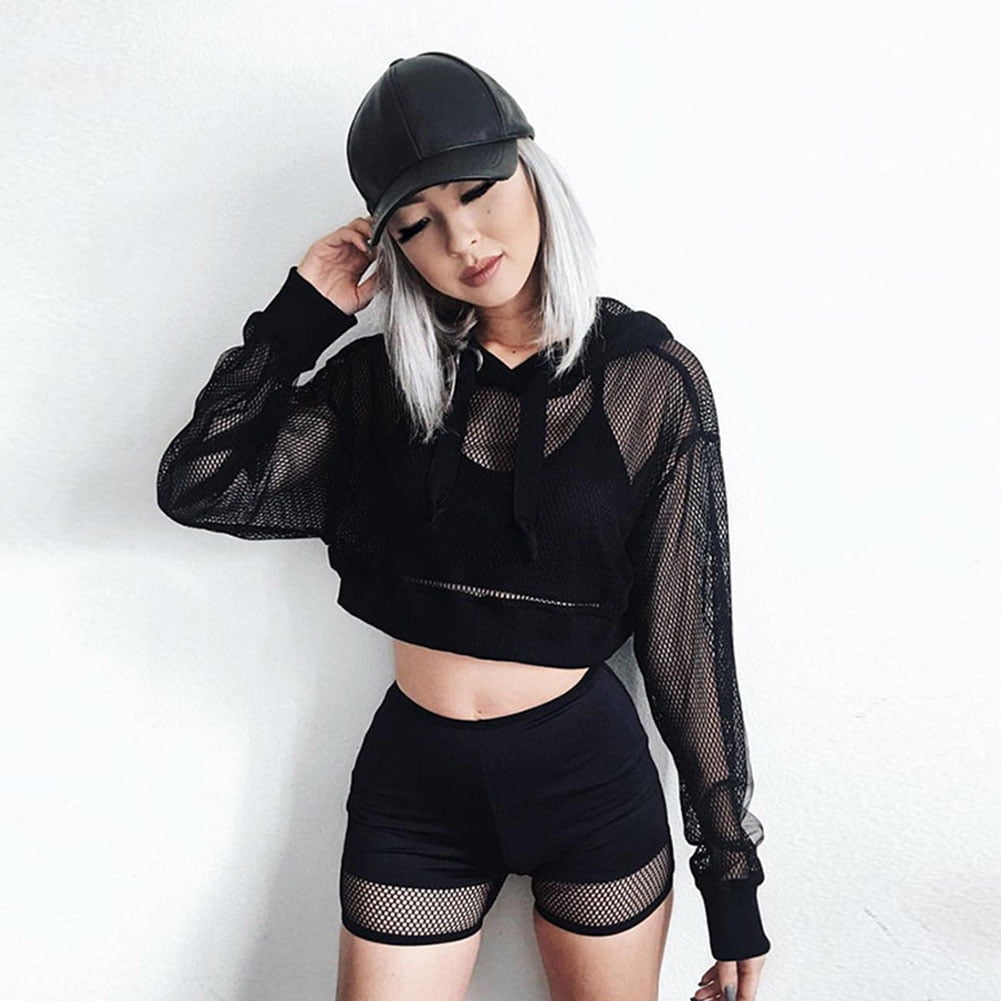 Fishnet hoodie crop top Clearance