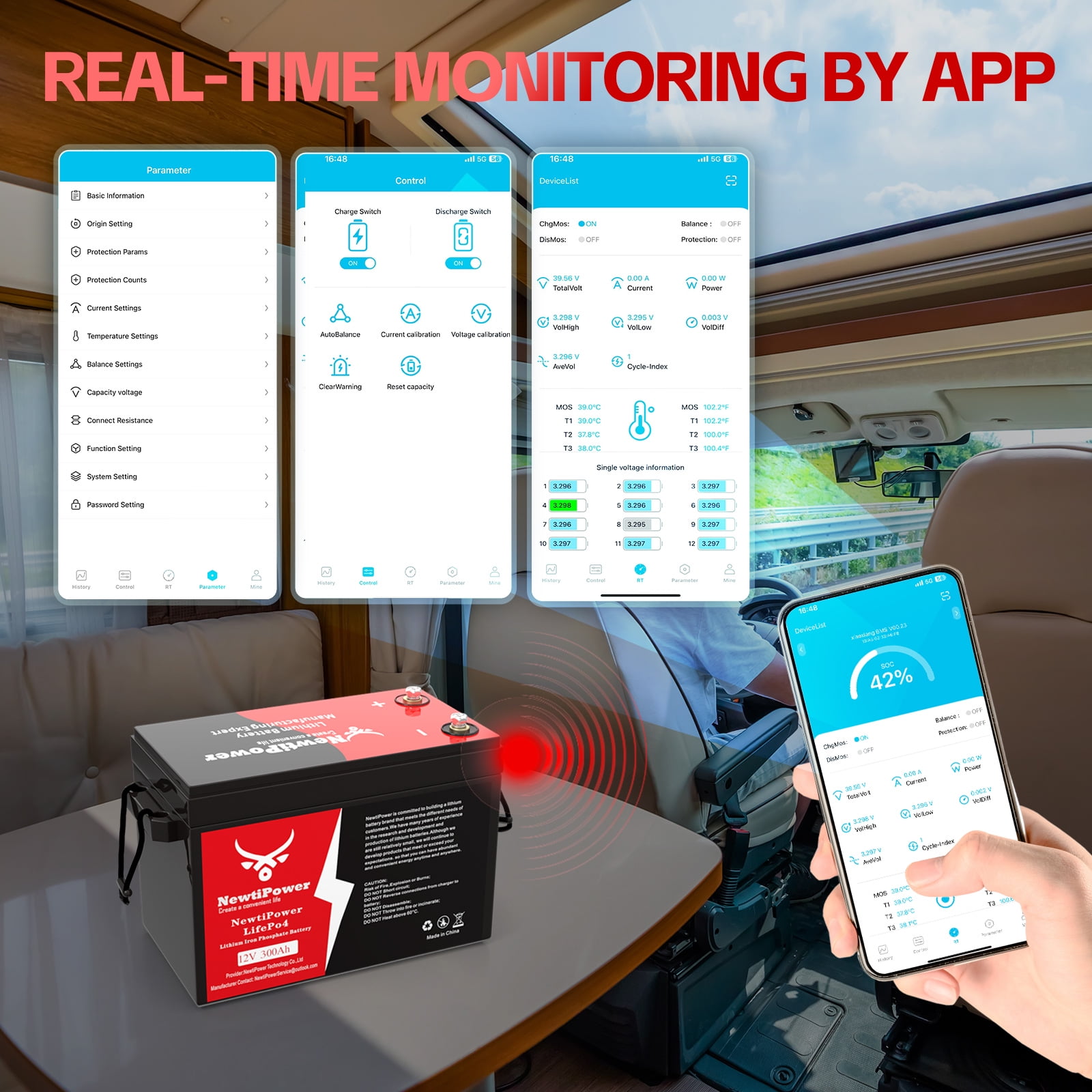 NewtiPower 12V 330Ah Smaller LiFePO4 Lithium Battery With APP & 200A BMS,10000+ Cycle for RV and Power Storage