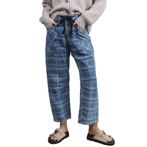 ZhiHiMeRi Women's Plaid Drawstring Jeans, Casual Sky Blue Denim 16