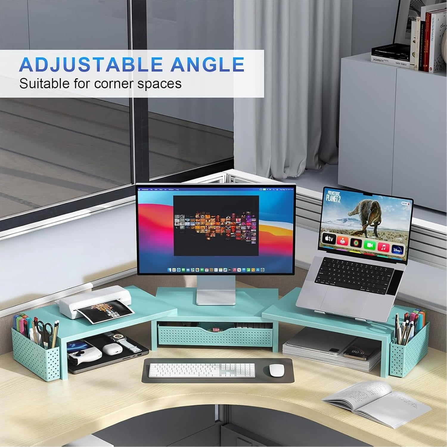 Dual Monitor Stand Riser with Drawer and Pen Holders, Wooden Desk Shelf Organizer for Computer Monitor