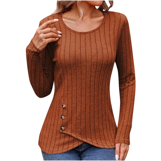 Timegard Blouse for Women Long Sleeve Ribbed Round Neck Button Tops Fall Winter Casual Comfy Tunic Tops