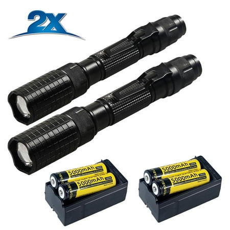 2 PACK - Tactical 150000Lumen T6 5Modes LED Flashlight Aluminum Torch Zoomable Flash Light with Rechargeable Batteries + Charger and Carrying Case (Best Flashlight Made In Usa)