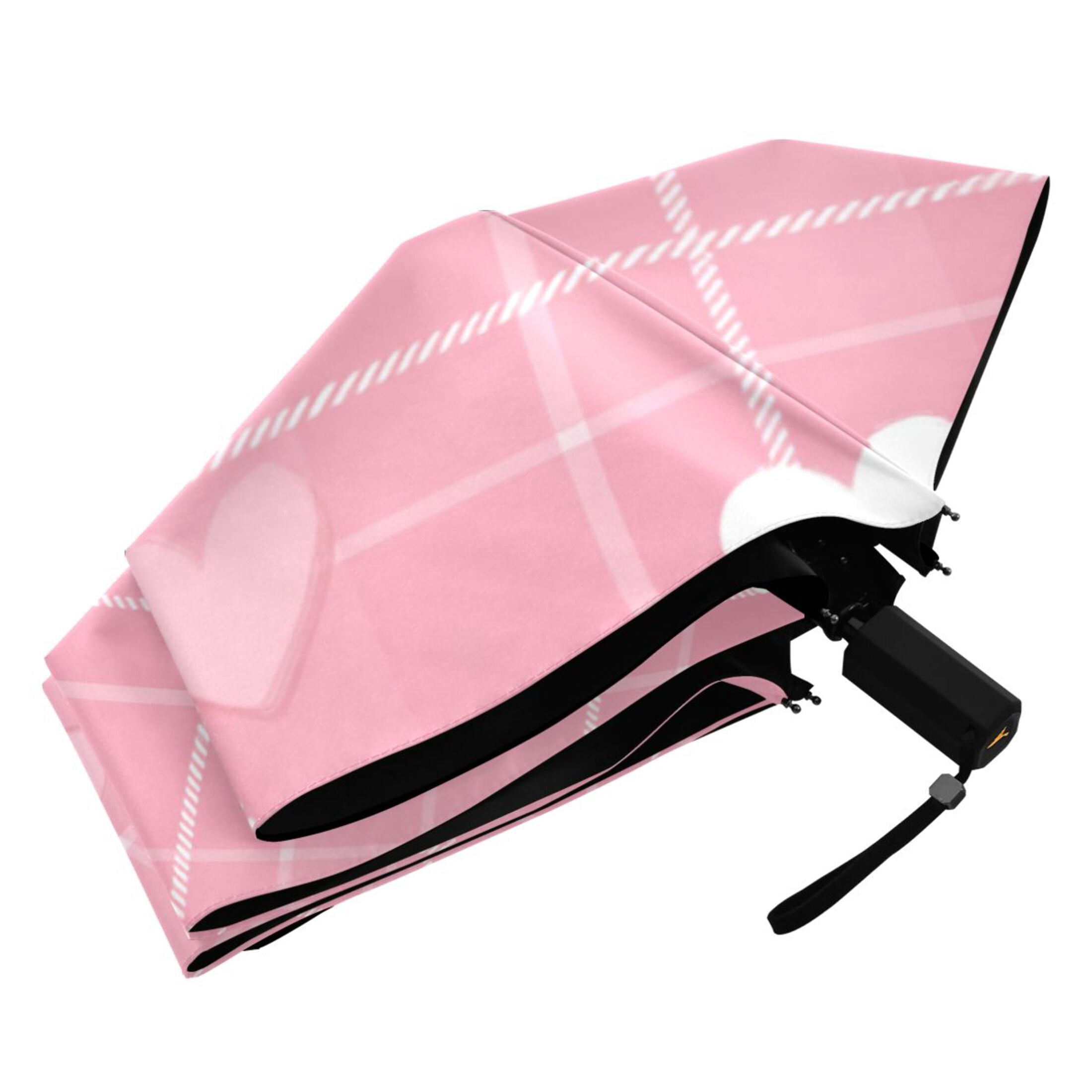 Pink Plaids Cute Hearts Valentine All Weather Umbrella Triple Folding Parasol 6 Ribs UV Protection Portable