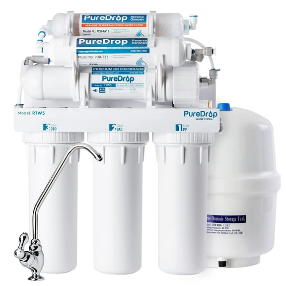 PureDrop RTW5AK Reverse Osmosis Alkaline Water Filtration System, pH  Alkaline Remineralization RO Water Filter System Under Sink, 6 Stage Under Sink RO Water Filter with Faucet, TDS Reduction