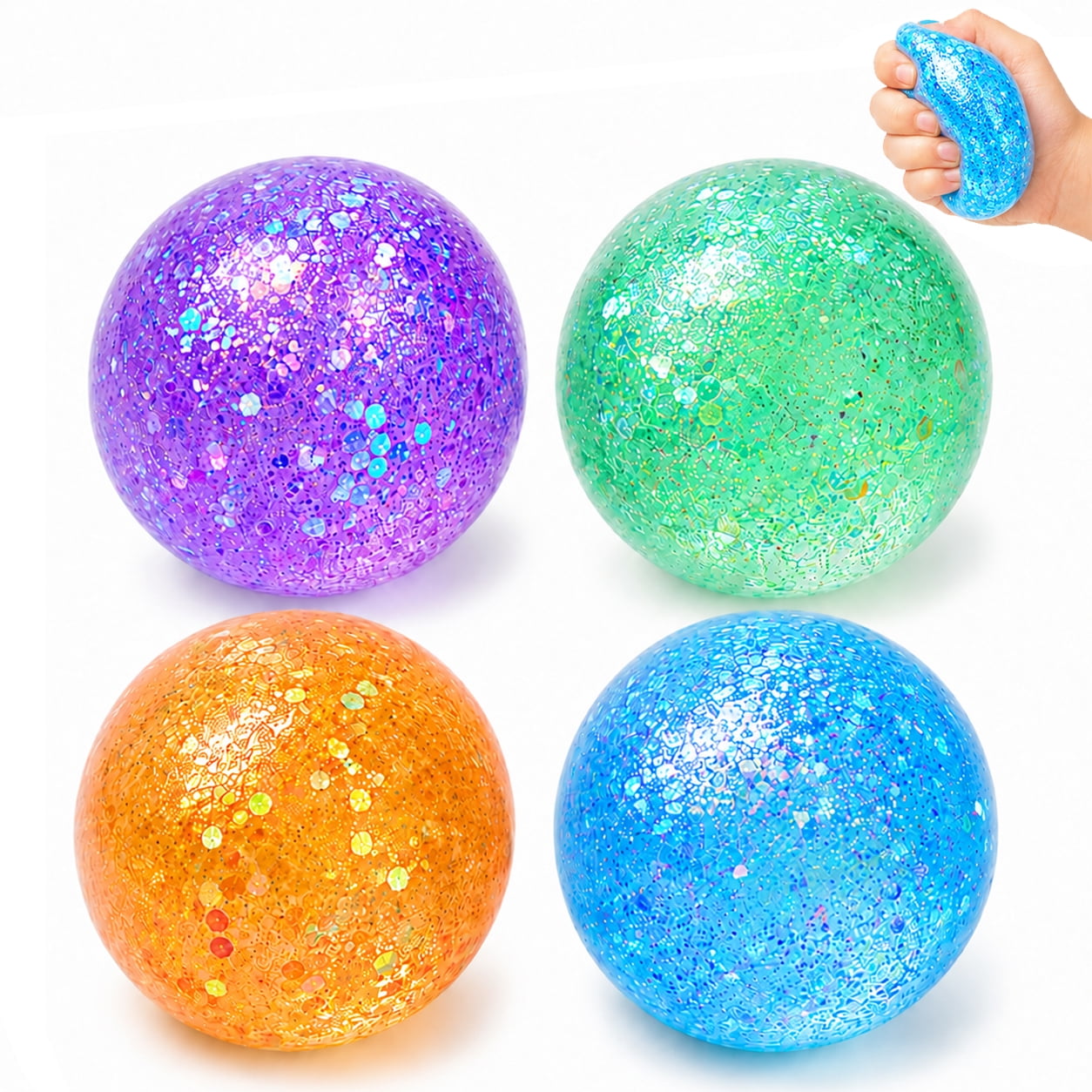 4 Pack Glitter Stress Balls for Teens and Adults, Slow Rising Squishy Squeeze Balls, Sensory Fidget Set for Desk and Workspace