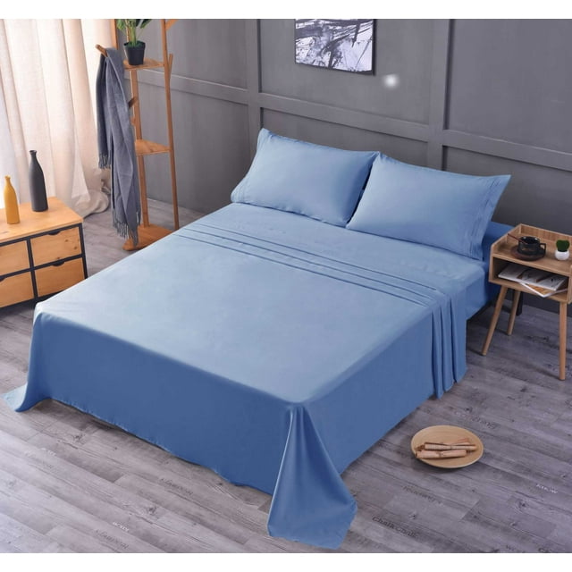 the Season Essentials Wrinkle Free Sheet Sets with Deep Pockets & Stain Resistant, 4 pc, 1800 Thread Count Bamboo Based, Blue, Queen