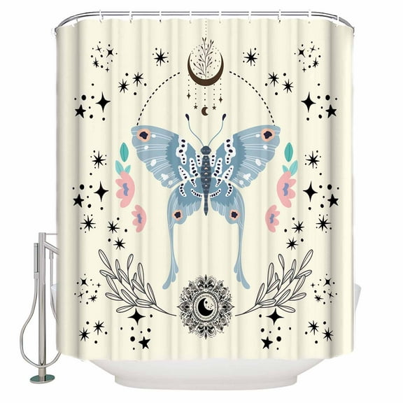 Fabric Shower Curtain, Boho Butterfly Moon Stars Flowers and Plants Shower Curtains with 12 Hooks Waterproof Machine Washable Bath Curtains for Bathroom, 48x 72in