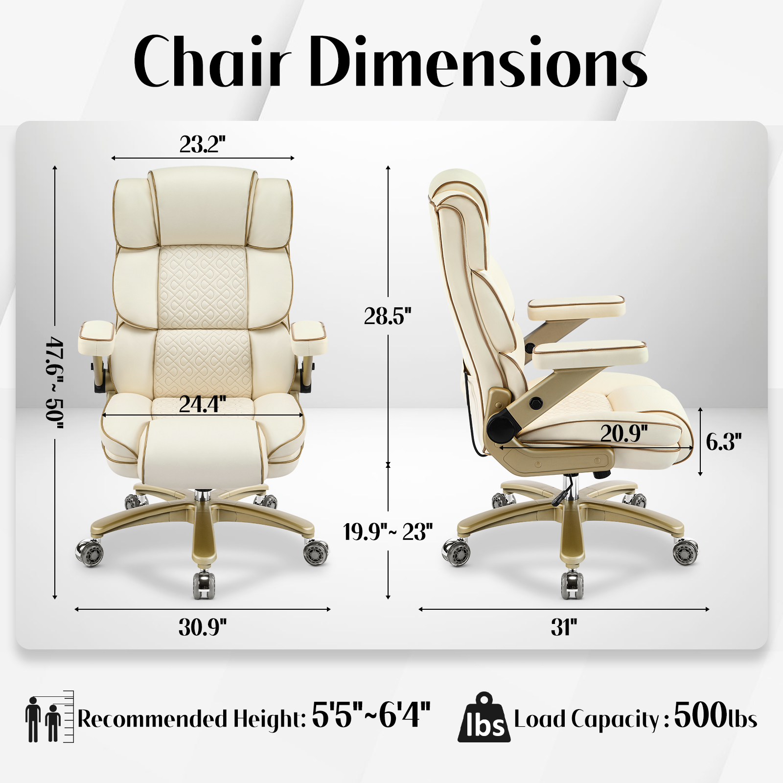 Falvinoryn Big and Tall Office Chair 500LBS, Ergonomic High Back Executive Office Chair, Adjustable Lumbar Support, Flip Arms, Locking Wheels Large Computer Desk Chair, Beige