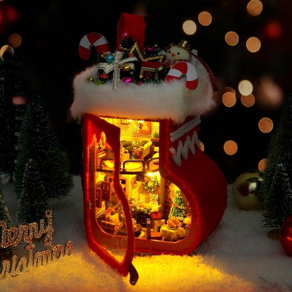 Diy Miniature House Building Kit With Led Light, Christmas Stocking Furniture Set, Mini Dollhouse Craft Handmade Art Gift 10Ml Colorful 13*8Cm