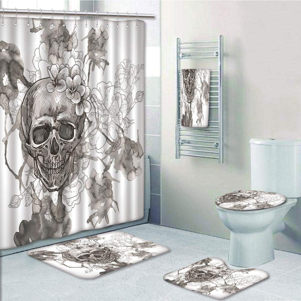 Crow Skull Shower Curtain Bath Mat Toilet Cover Rug Gothic Bathroom Decor 
