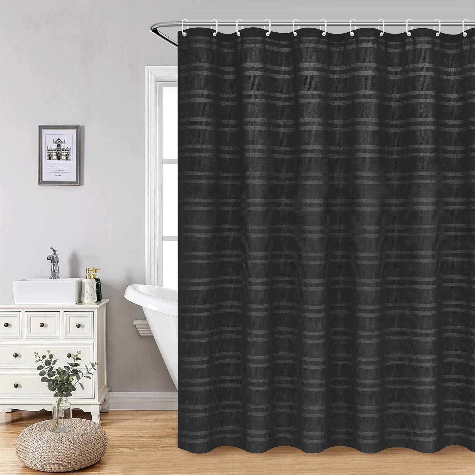 FRAMICS Heavy-Duty Waffle Weave Shower Curtain Sets with Rug, 14-Piece Striped Fabric Bathroom Sets with Hooks, Hotel Grade, Waterproof & Washable, Black, 71.3" x 71.3"