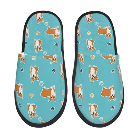 

House Slippers for Women and Men Cute Corgi Dog Funny Green_A Comfy Fuzzy Bedroom Slippers Furry Home Shoes for Indoor Outdoor