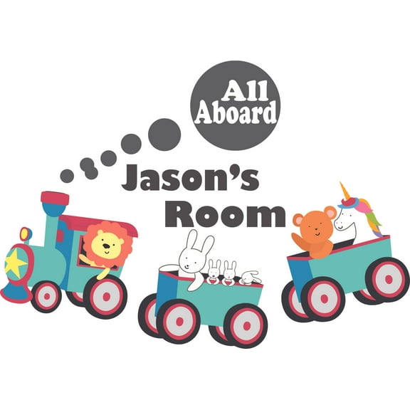 All Aboard Trains Animals Unicorn Lion Customized Wall Decal - Custom Vinyl Wall Art - Personalized Name - Baby Girls Boys Kids Bedroom Wall Decal Room Decor Wall Stickers Decoration Size (17x30 inch)