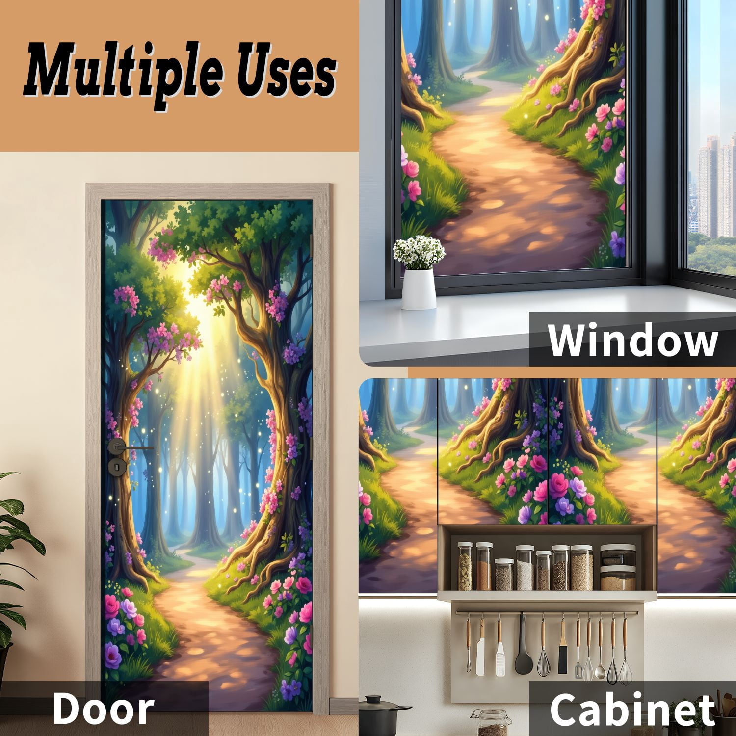 Self Adhesive Vinyl Refrigerator Wrap Set Magical Forest Pathway Sunlight Flowers Door Mural Removable Fridge Sticker Peel and Stick&nbsp;Full Door Cover Decal Kitchen Bar Decor