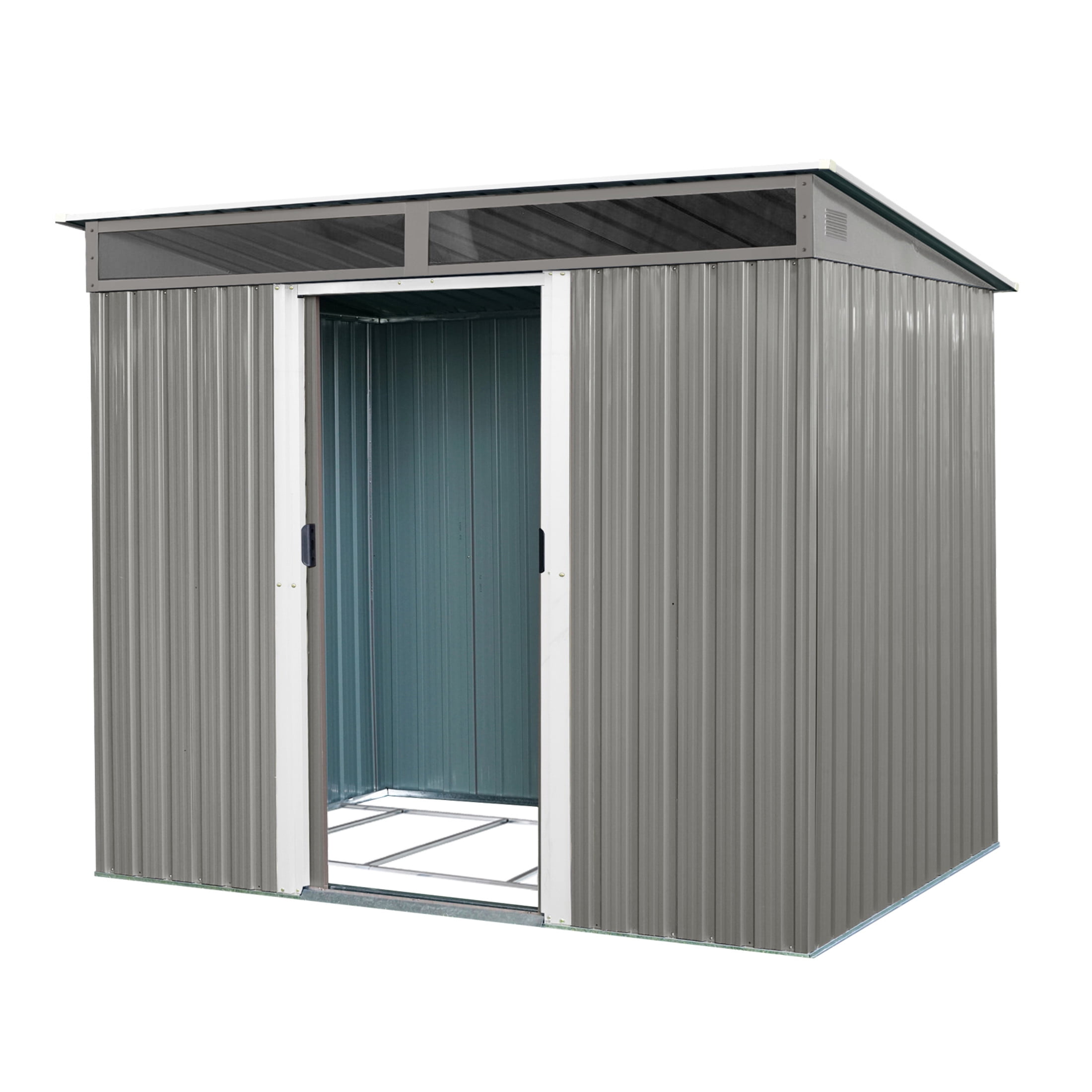 Noble House 8x6 FT Outdoor Metal Storage Shed with Transparent Plate, Galvanized Steel Garden Utility Room, Gray