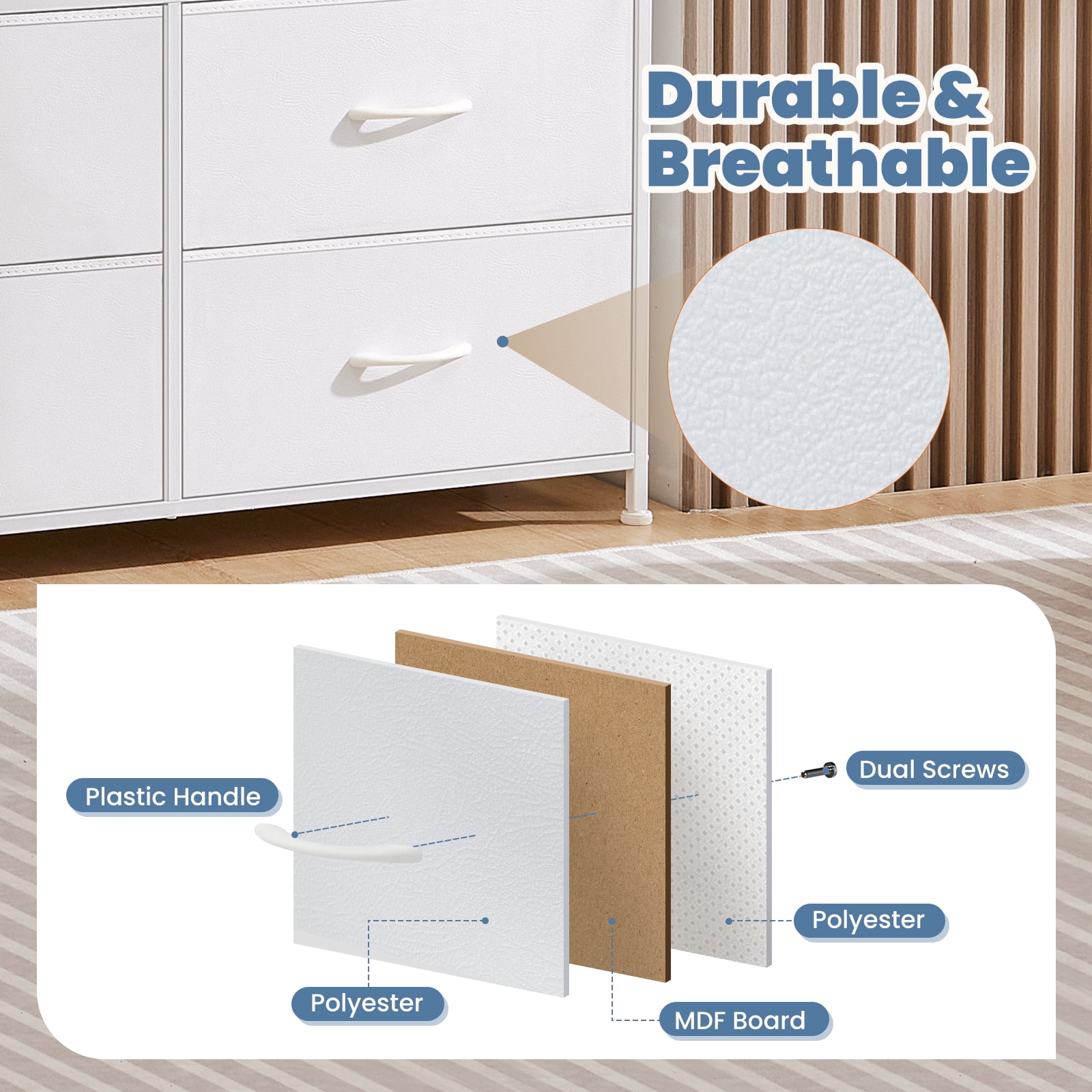 EDX 8 Drawers Dresser for Bedroom with Metal Frame, Wood Tabletop, Storage Chest Drawers, White