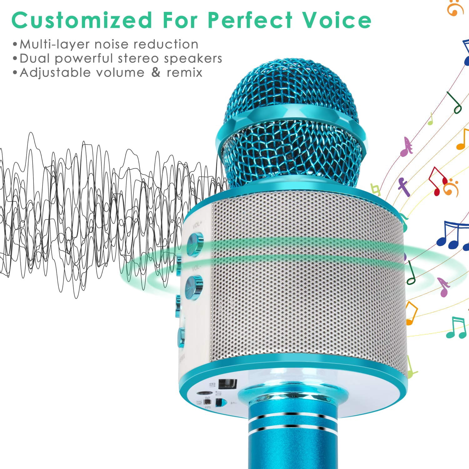 DAKIMOE Wireless Bluetooth Karaoke Microphone, Portable Handheld Singing Microphone for Kids Adults with Stereo Speaker and Voice Changer for All Smartphones, Gifts for Girls Kids Adults, Blue