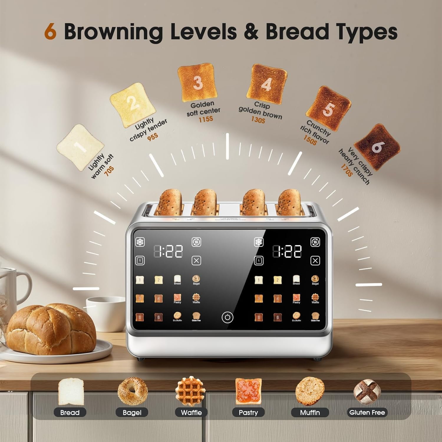 4 Slice Touch Screen Toaster with LCD Display Stainless Steel Digital Toasters 6 Bread Types& Shade Settings Smart Extra Wide Slots With Bal Cancel Defrost Reheat Functions