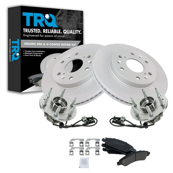 TRQ Front Ceramic Brake Pad Coated Rotor & Wheel Hub Bearing Kit Fits Select Chevy