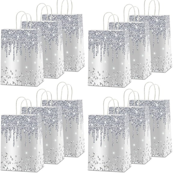 GRD 12Pcs Silver Glitter Gift Bags Glitter Diamond Goodie Bag Happy Birthday Treat Bag Diamond Silver Candy Bags Supply for Wedding Bridal Baby Shower Holiday Party Favors Decoration 4.7*3.15*8inch