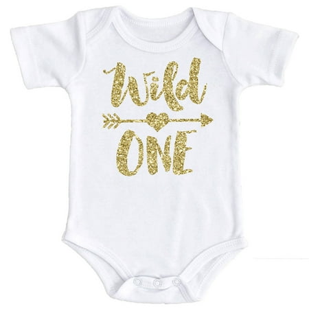 

Wild One 1st Birthday Bodysuit for Baby Girls First Birthday Outfit Gold on White Bodysuit 24 Months