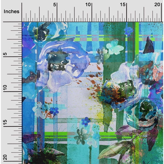 oneOone Cotton Flex Blue Fabric Check & Flower Watercolor Diy Clothing Quilting Fabric Print Fabric By Yard 40 Inch Wide
