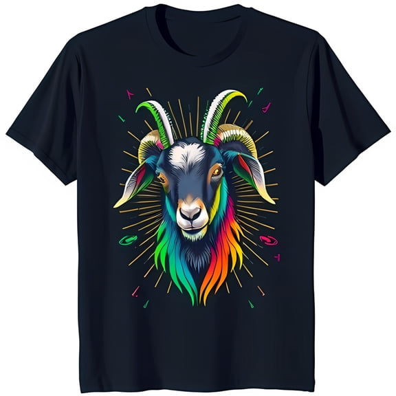 Vibrant Goat Graphic on Black T-Shirt Eye Catching Chest Design