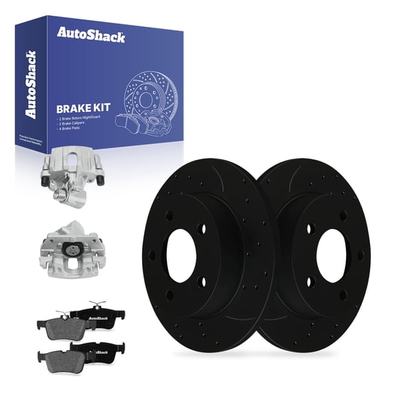 AutoShack Rear Solid Drilled & Slotted E-Coated Brake Rotors Black Finish   Premium Ceramic Pads   Calipers 8-PC Brake Kit Replacement for 2010-2012 Mazda 3 NightGuard 10.43" (265 mm)