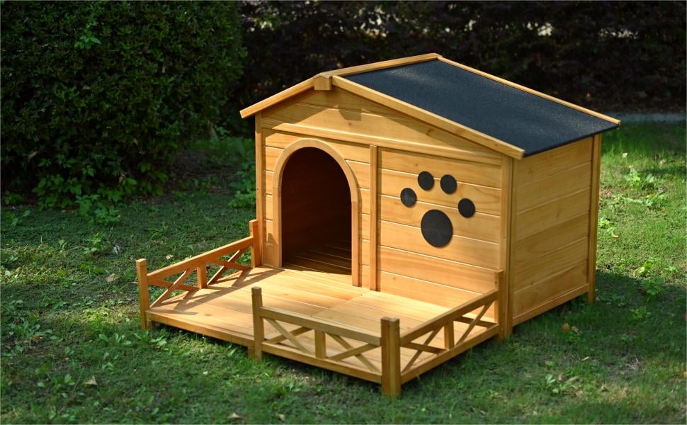 Noaman 48" Wooden Dog House Outdoor with Porch, Medium Dog Kennel with Water-Resistant Asphalt Roof, Raised Floor & Fencing, Natural Pine for Pets Up to 66 LBS