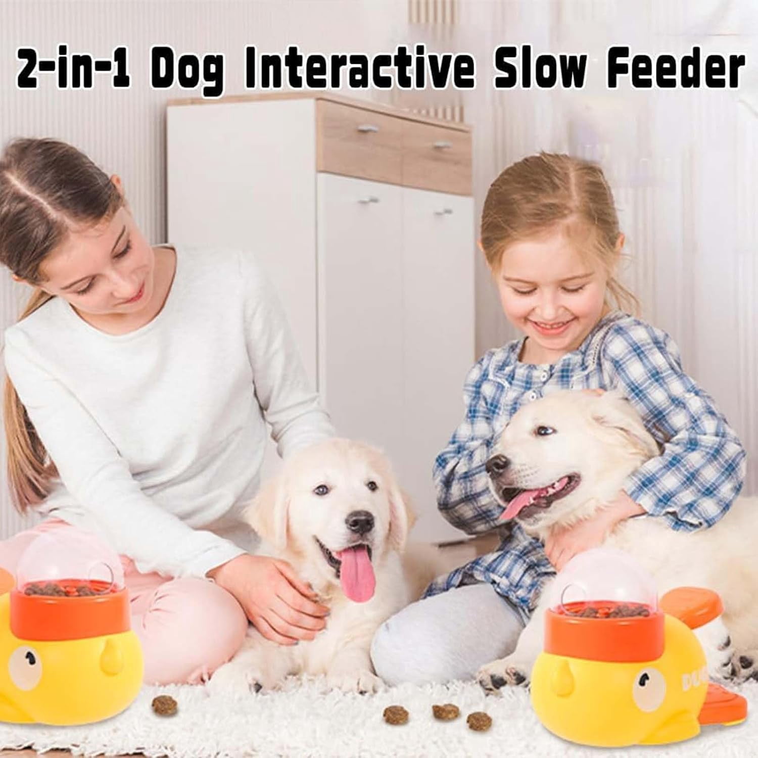Duck Treat Dispenser, Feeder Puzzle Toy Duck with Button and 3 Challenge Lids, Anti-Gulping IQ Training Bowl for Dogs & Cats