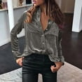 thumbnail image 2 of Womens Vintage Velvet Top Fall Fashion Casual Long Sleeve Button Down Shirts Going Out Dressy Business Work Blouses with Pockets, 2 of 5