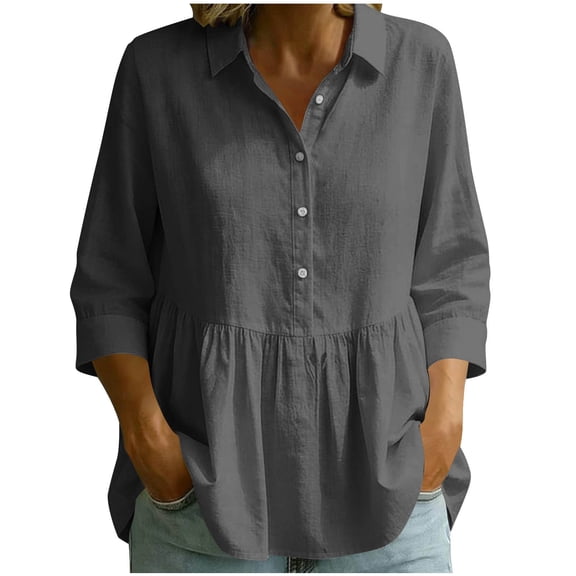 Edvintorg Summer Tops for Women Cotton And Linen Turndown Collar 3/4 Sleeve Casual Loose Shirts with Button Women's Blouses Gray M