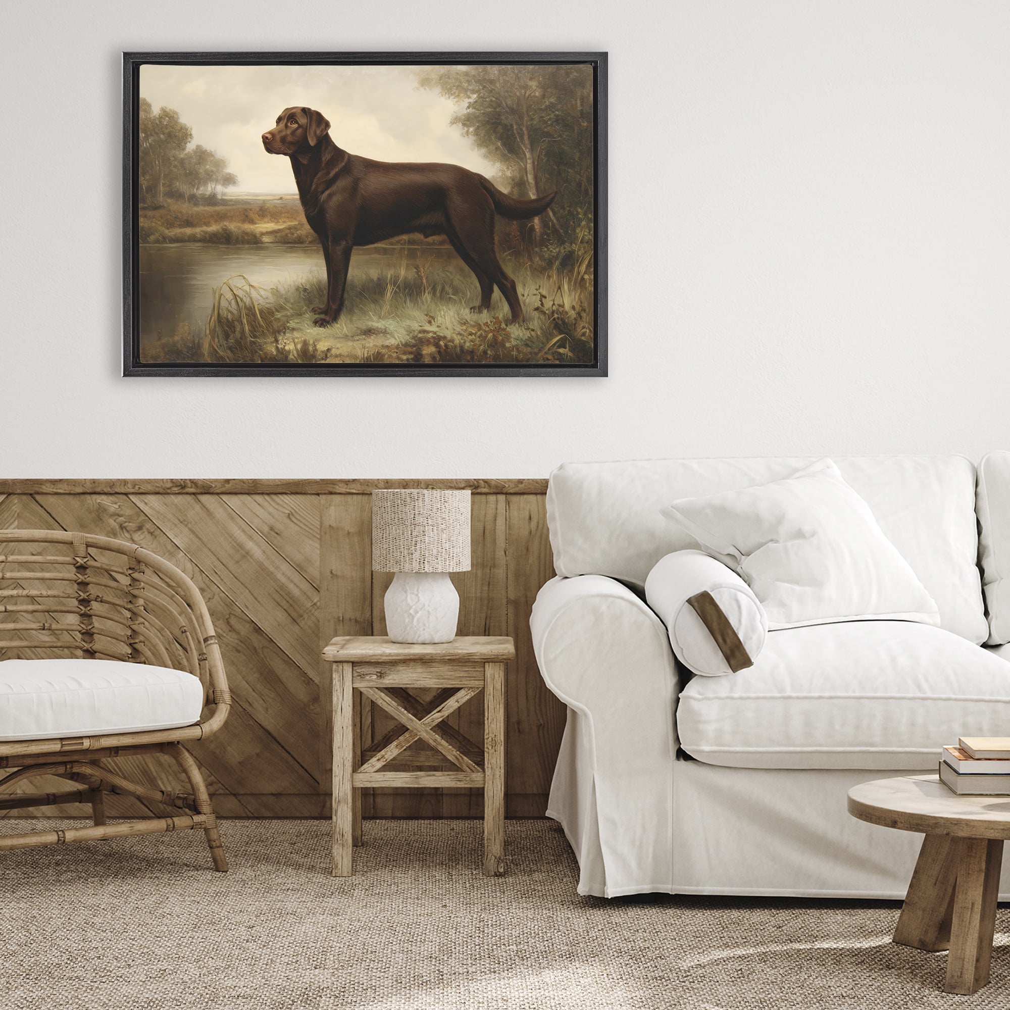 Stupell Industries Brown Lab By The River Black Framed Floater Canvas Wall Art, design by Petal Prints Design