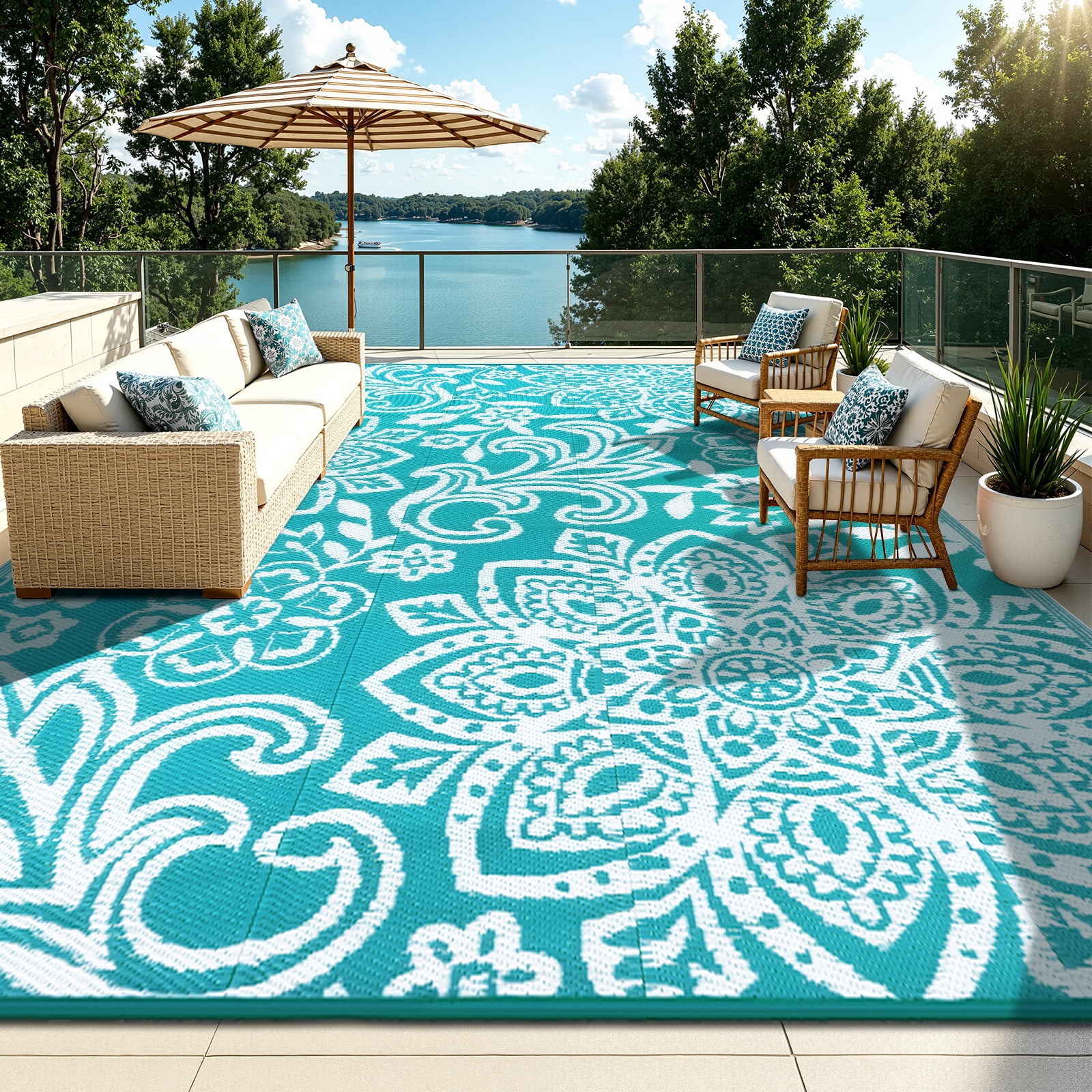 MJIAexp 8'x10' Beach Blue Outdoor Rug Patio Rug Waterproof RV Outdoor Rug Camping Rugs Reversible Plastic Straw Rug Large Outdoor Mat for Camping, Balcony Apartment, Patio, Porch, Picnic, Beach