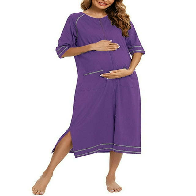 Ladies Nightgown Short Sleeved Crew Neck Zip-up Slit Maxi Dress