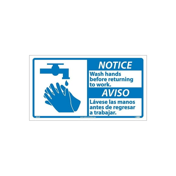 National Marker Notice Labels; Wash Hands Before Returning To Work (Bilingual W/Graphic) 10X18
