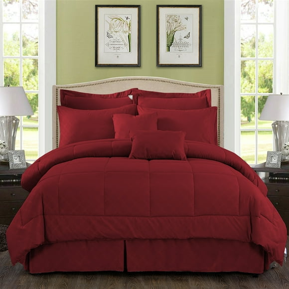 JML 10 Piece Bed in a Bag Quilted Diamond Comforter Set with Sheets, Cal King, Burgundy