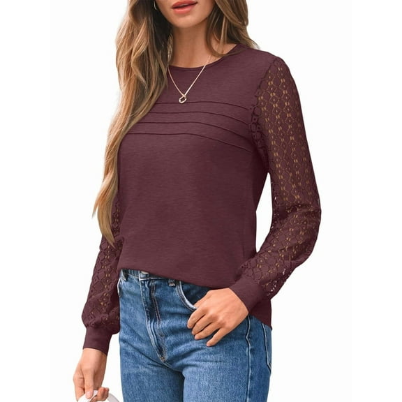 Long Sleeve Shirts for Women Dressy Casual Lace Tops 2025 Fall Outfits T-Shirts Work Clothes Wine Red XL